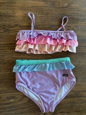 Ruffled Two-Piece Swimsuit in Lavender, Pink & Mint